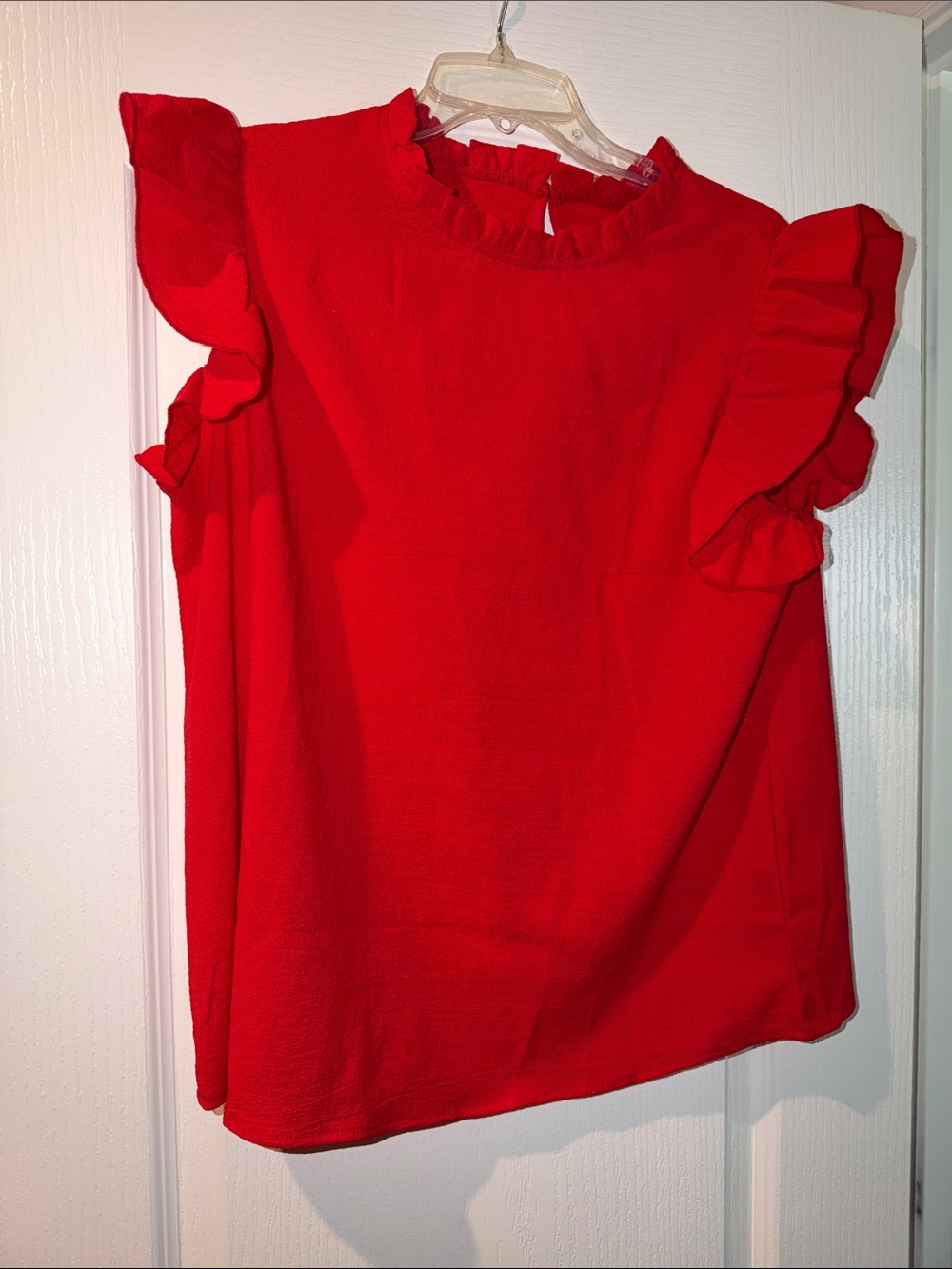 SHEIN Red Ruffle Sleeve Mock Neck Blouse